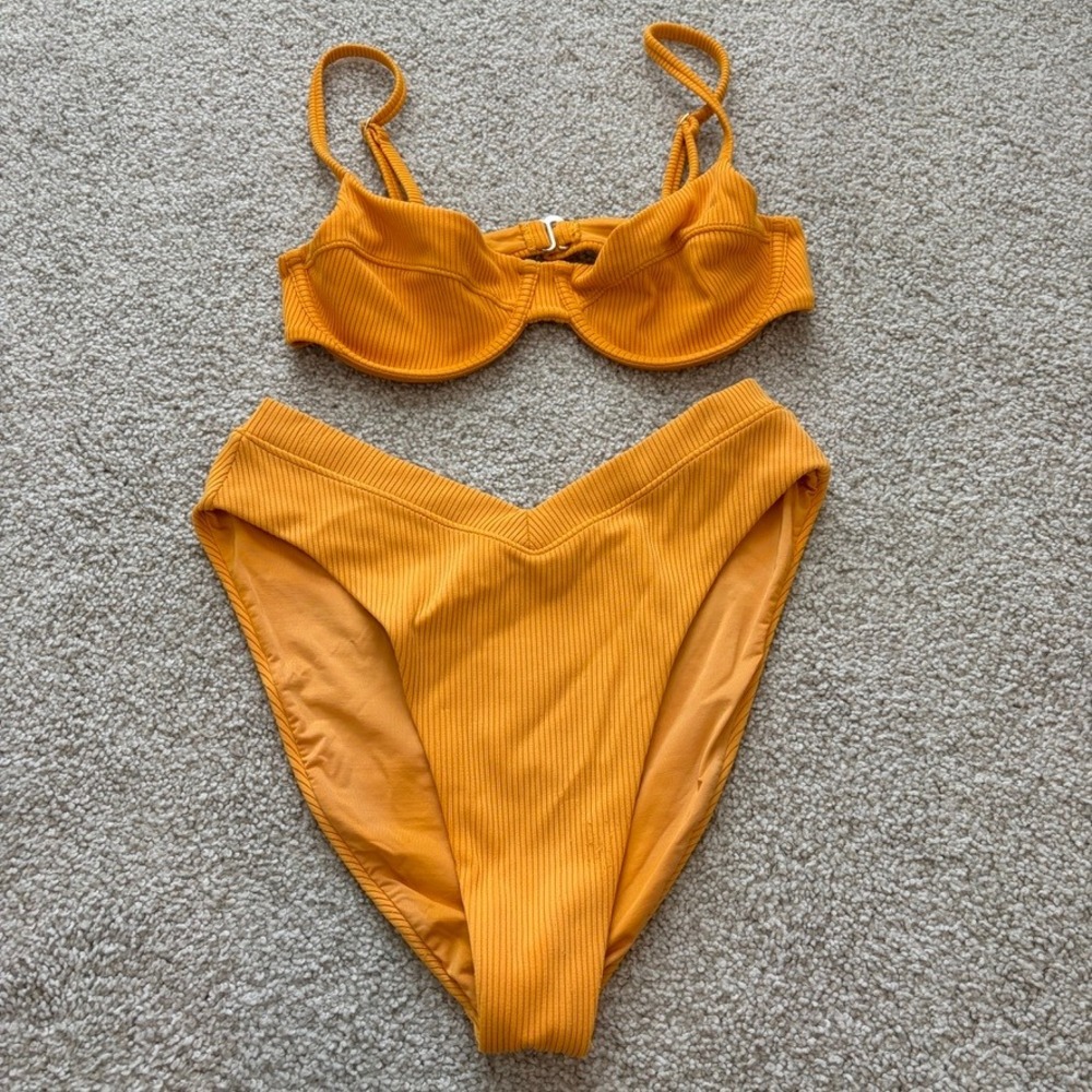 One One Bikini Set Womens M Yellow Orange Ribbed High Waist Beach Resort